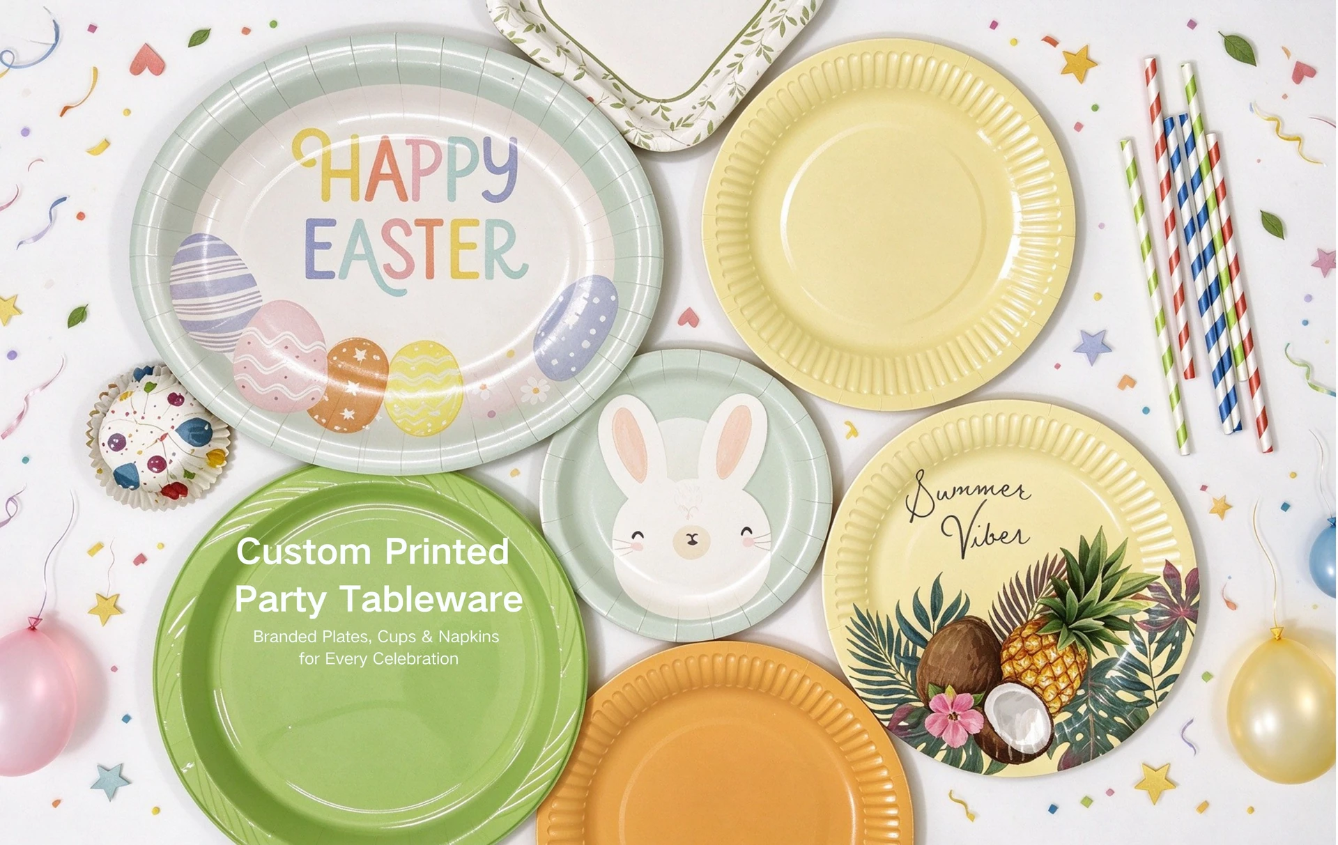 Custom printed party tableware, plates, cups and napkins — EZI LIVING